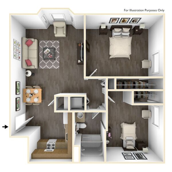 Floor plan for 2 beds, 1 bath, 717 sqft